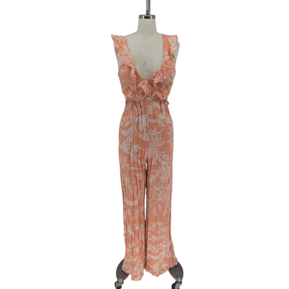 01473 H&M Floral Tie Back Jumpsuit Peach White size Small bohemian resortwear - Picture 1 of 7